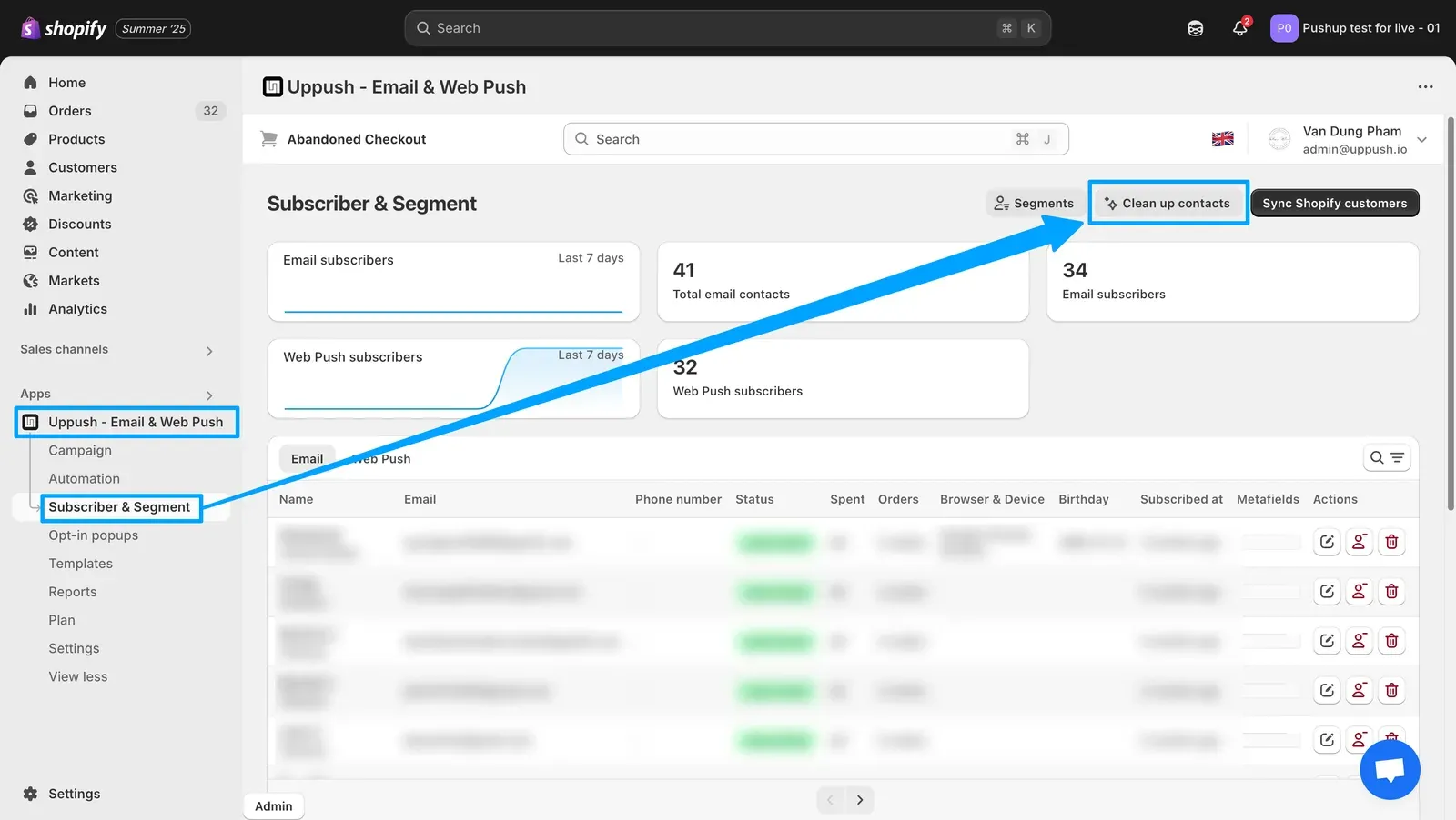 Uppush Subscriber & Segment page with the Clean up contacts button highlighted
