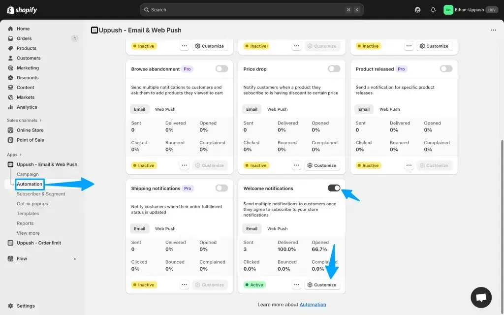 Uppush automations with the welcome notifications flow enabled for new popup subscribers