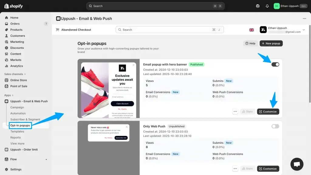 Uppush Opt-in popups list in the Shopify admin with views, subscribers and conversions per popup