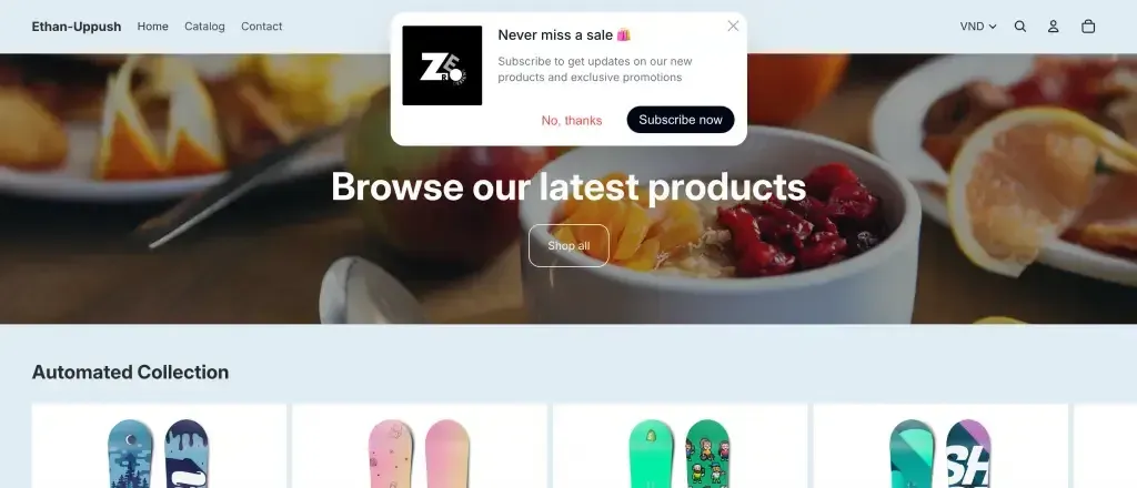 Uppush web push opt-in prompt on a Shopify storefront asking visitors to subscribe to sale alerts