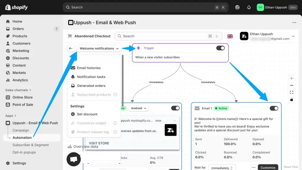 Uppush welcome notification flow in the Shopify admin: trigger, delays and email and web push steps