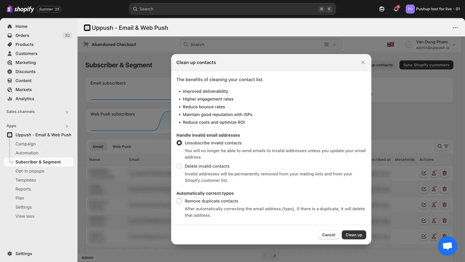 Uppush Subscriber & Segment: clean up contacts dialog for handling invalid email addresses