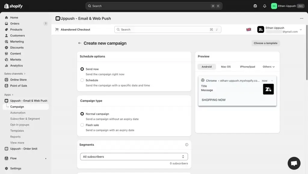 Creating a web push campaign in Uppush: schedule options, campaign type and segment