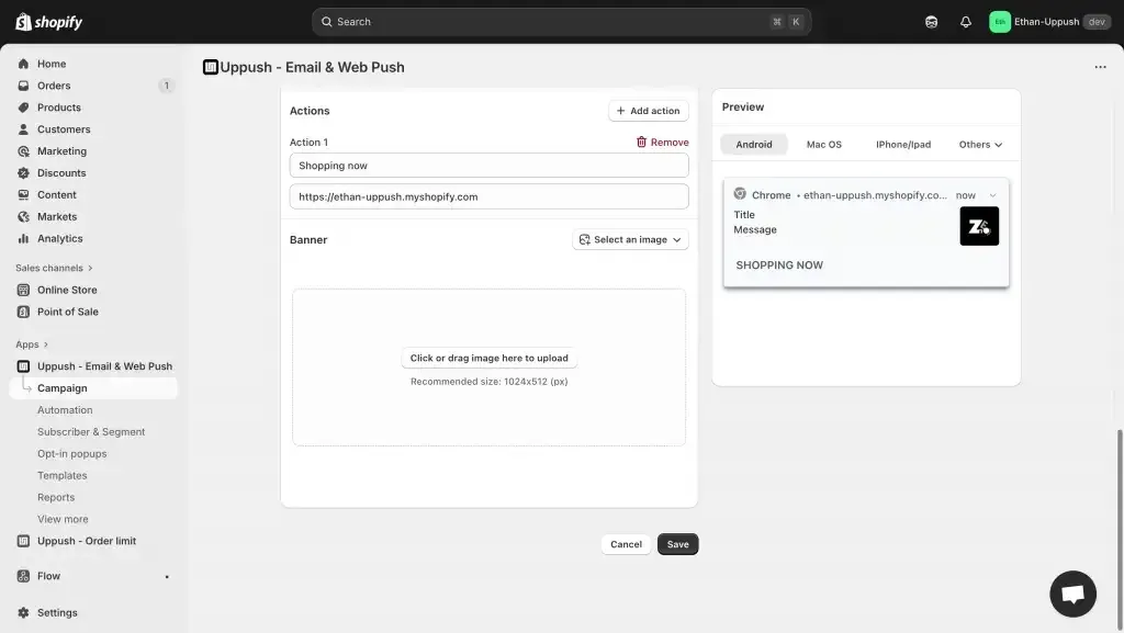 Uppush web push campaign editor: title, message, buttons and banner image with a preview