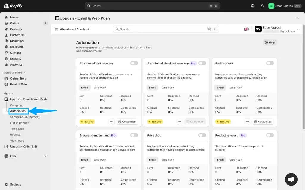 Uppush automations for web push: abandoned cart, abandoned checkout, back in stock and price drop