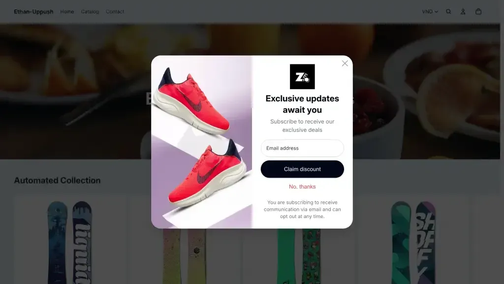 Uppush opt-in popup on a storefront offering exclusive updates in exchange for an email address