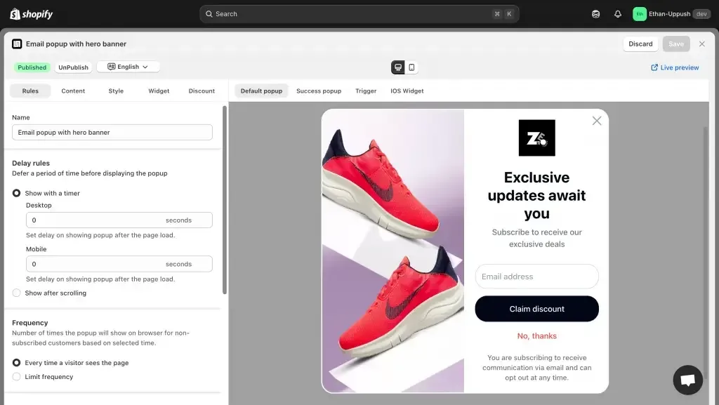 Uppush popup editor: delay, display frequency and trigger rules with a live preview of the email popup