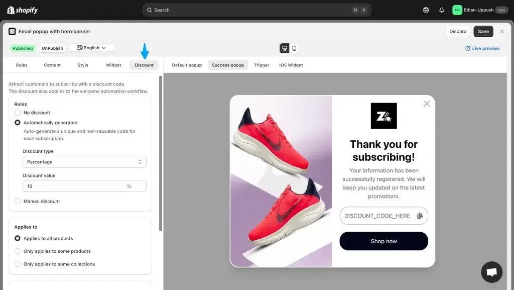 Uppush popup editor discount settings with the thank-you popup showing a discount code