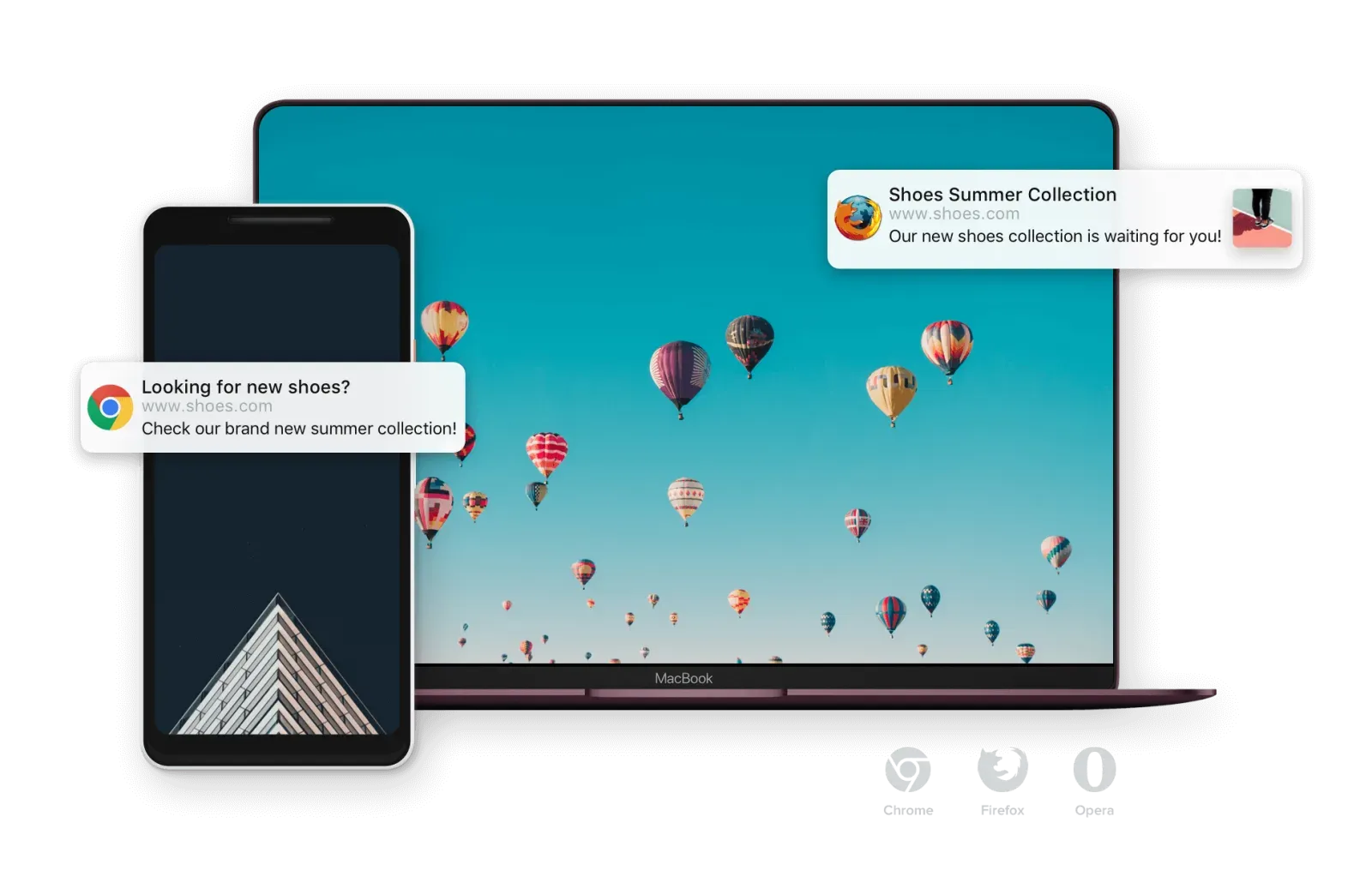 Web push notifications shown on a desktop browser and a phone for a new shoe collection